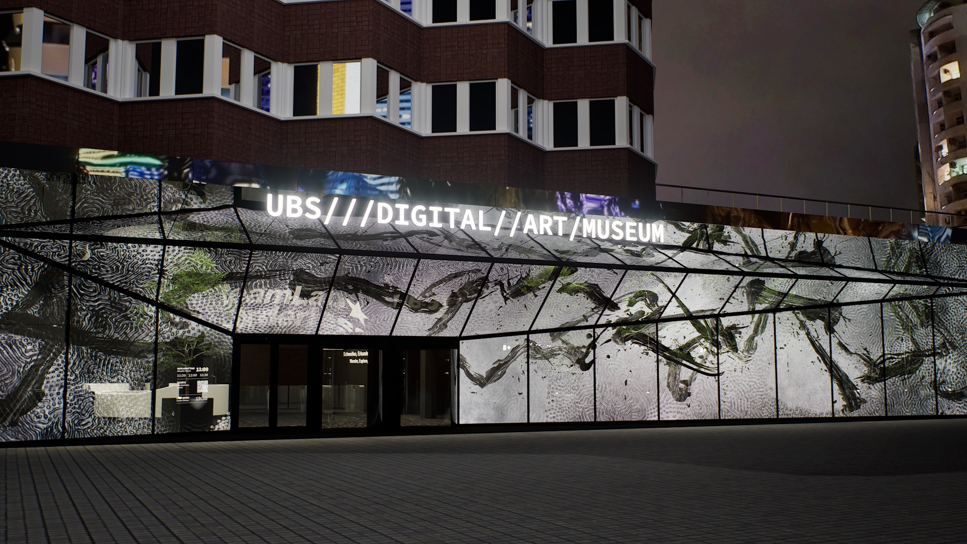 Sign 3 on the left, nighttime, Camera 1. Pre-production visualization of the media façade.