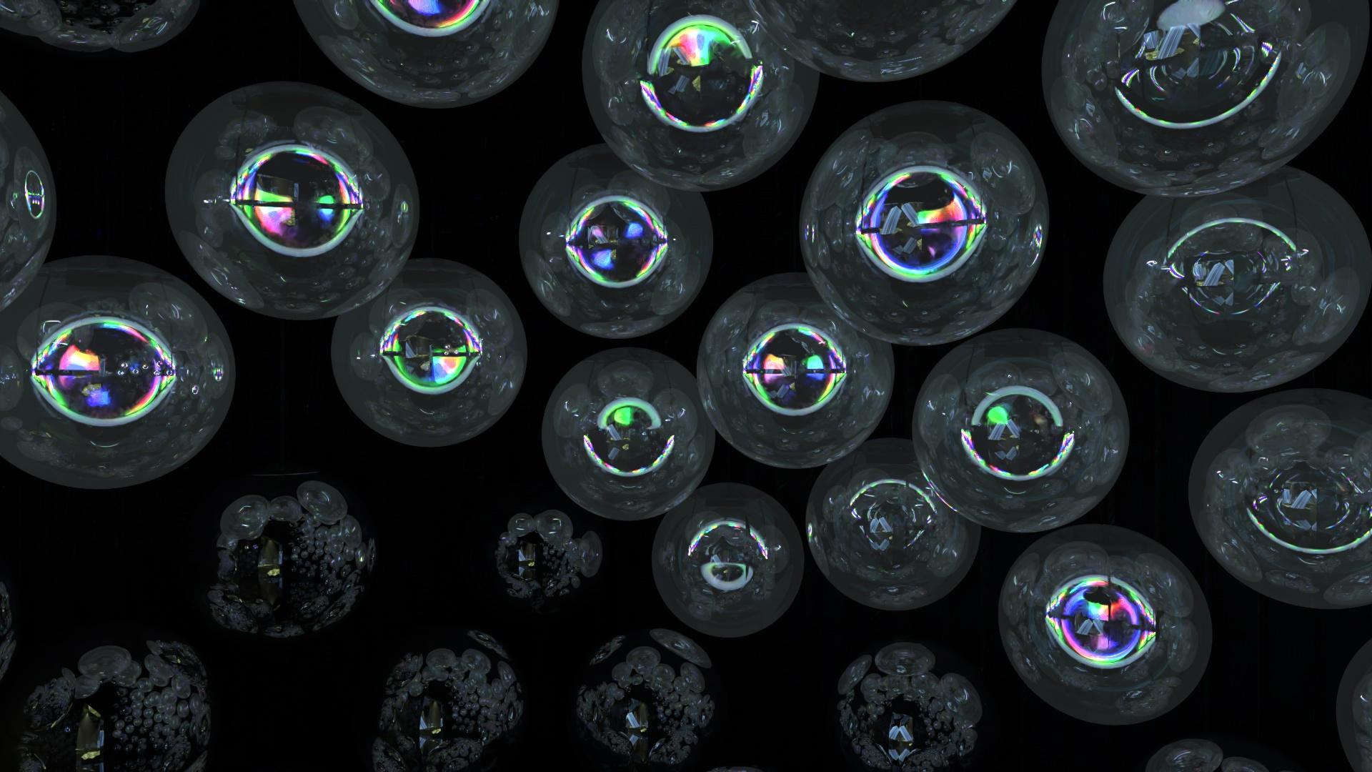 Interior CG view of luminous and reflective spheres from Camera 2.