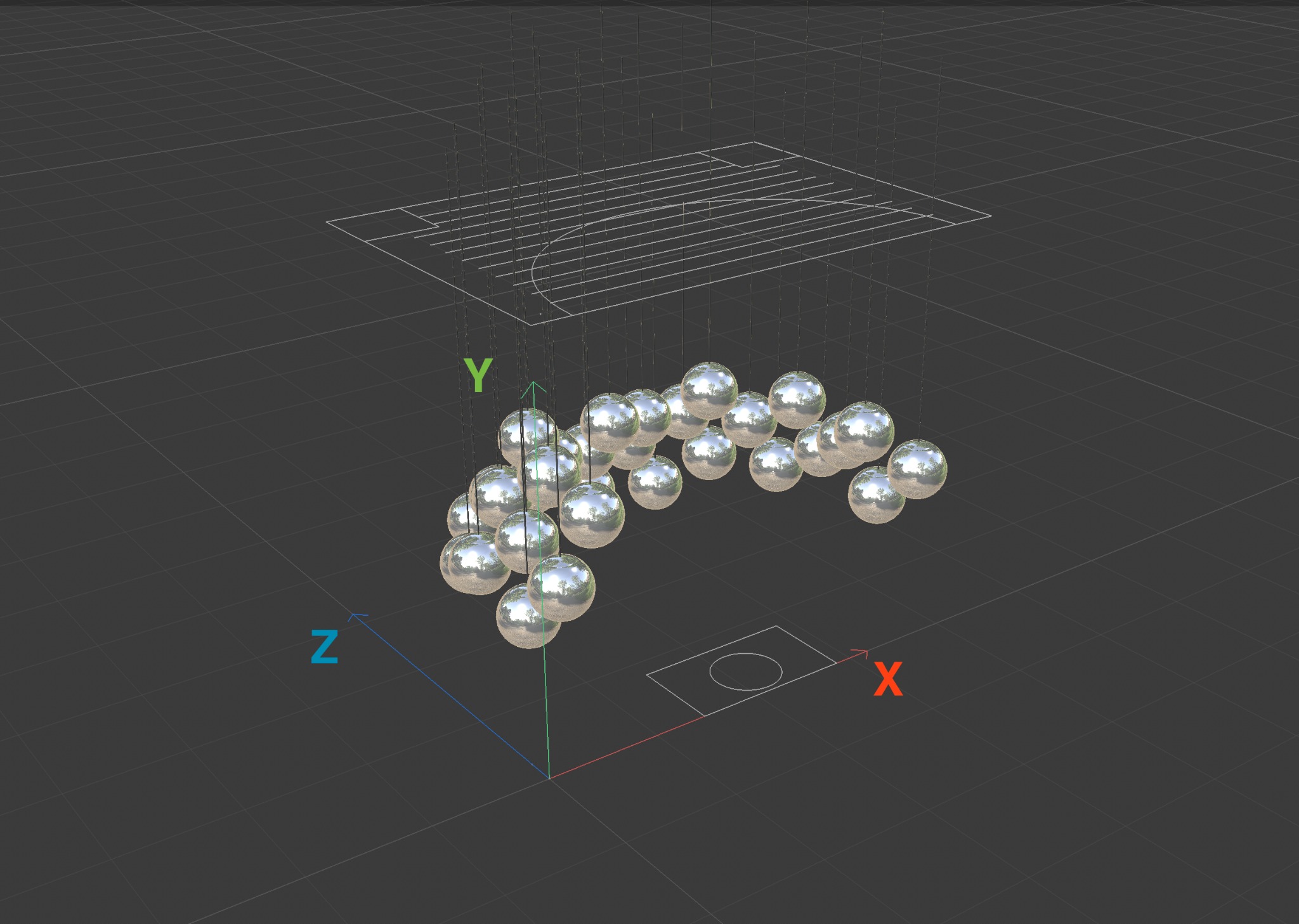 Three-dimensional placement study of 30 spheres