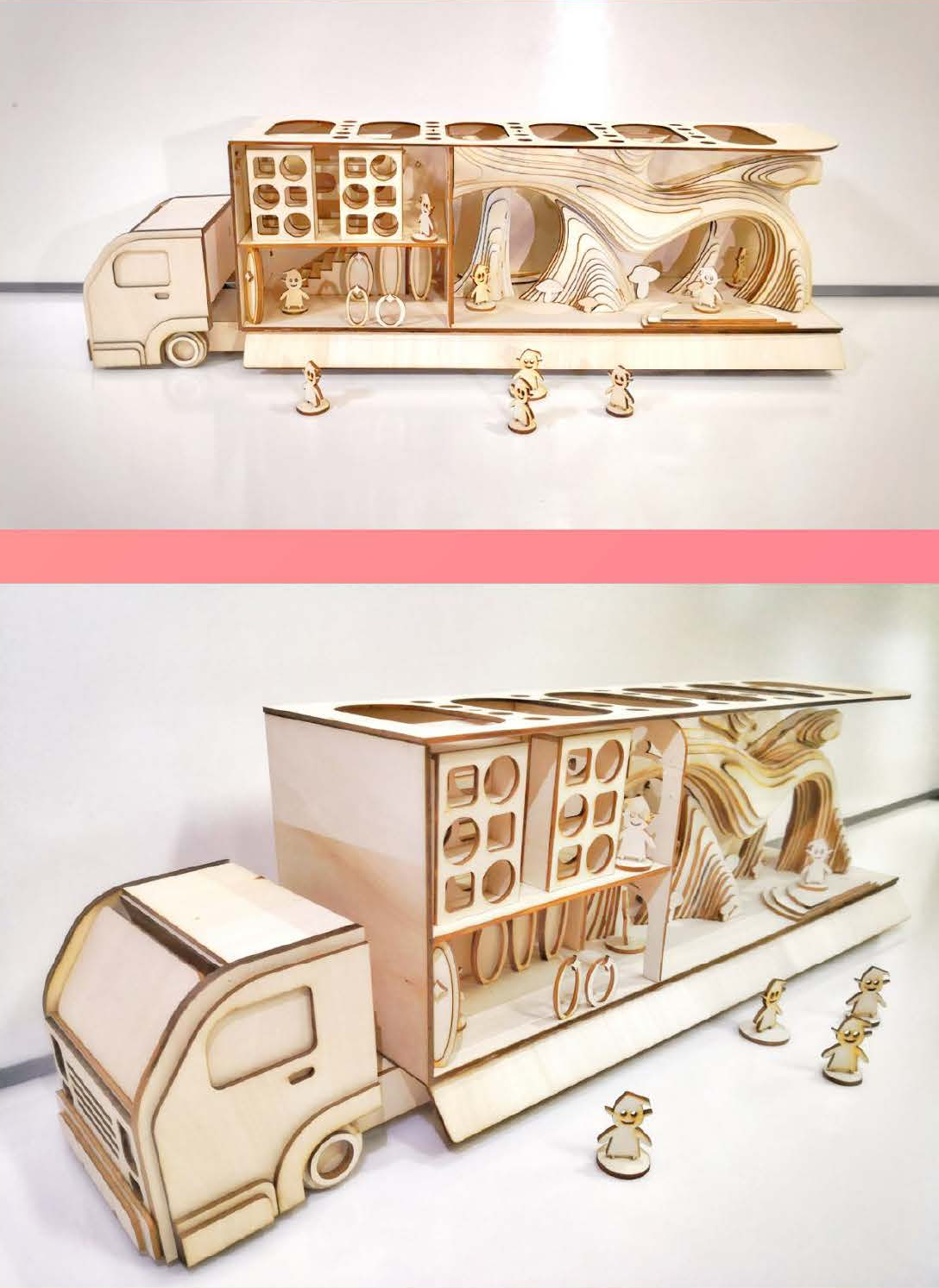 Two views of the laser-cut Lorrylaugh truck prototype