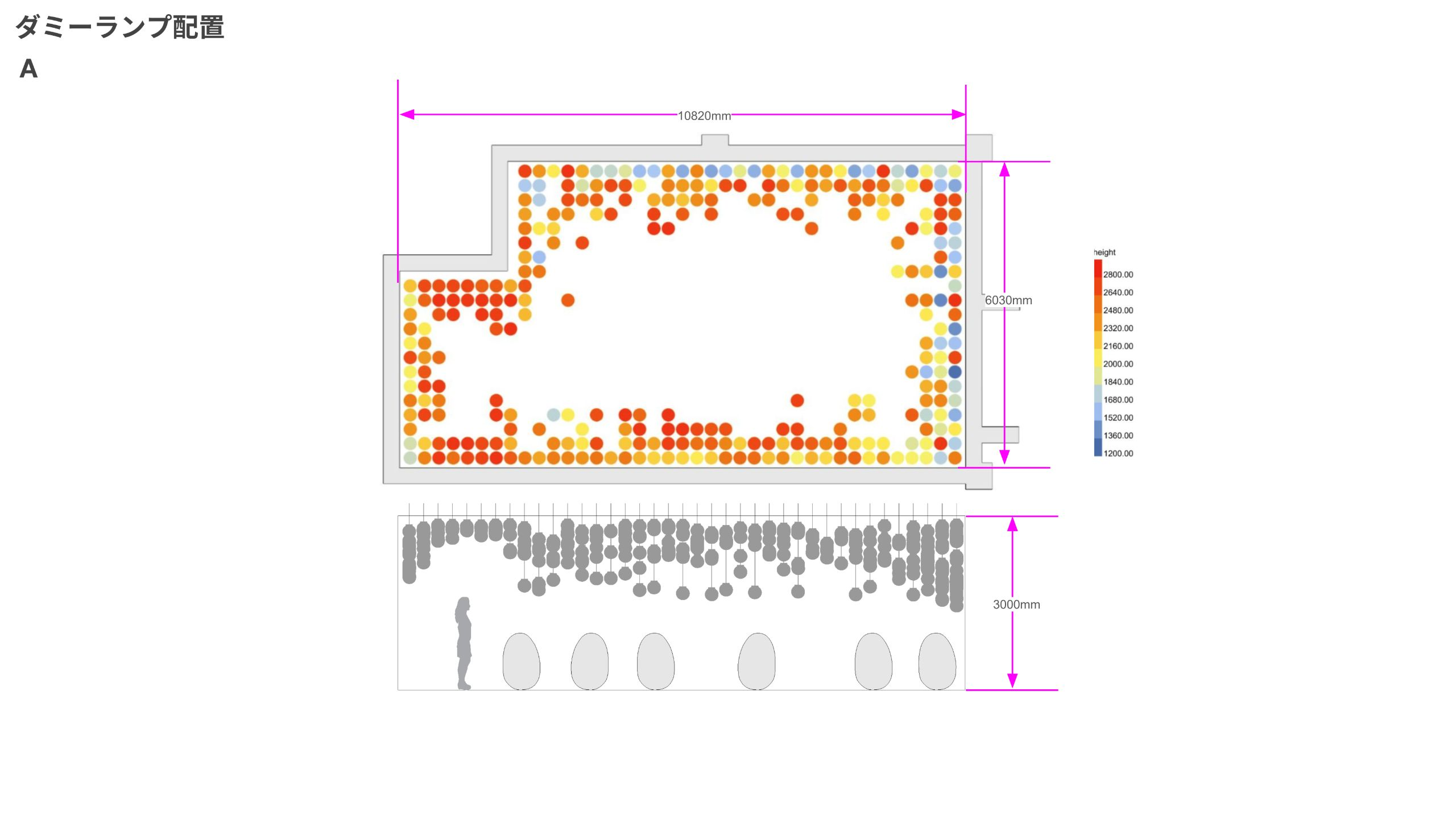 Calculated Mumbai layout A, with a height-colored plan and a section showing human scale.