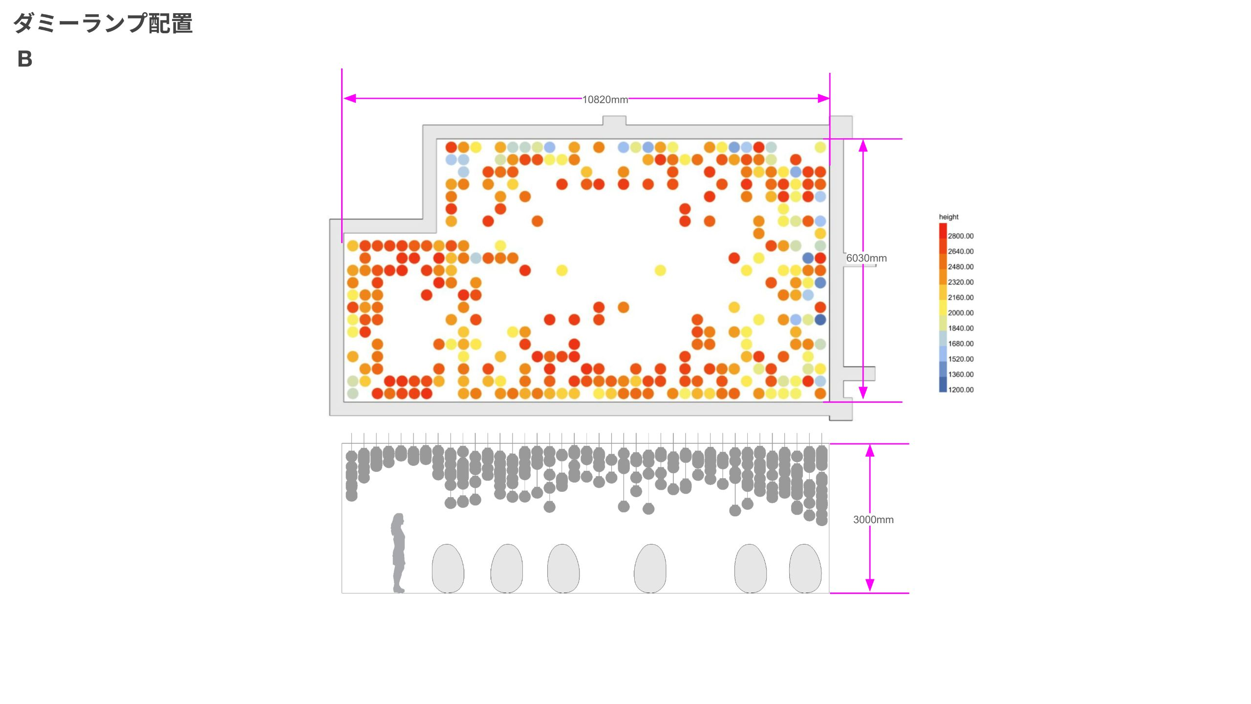 Calculated Mumbai layout B, with a height-colored plan and a section showing human scale.