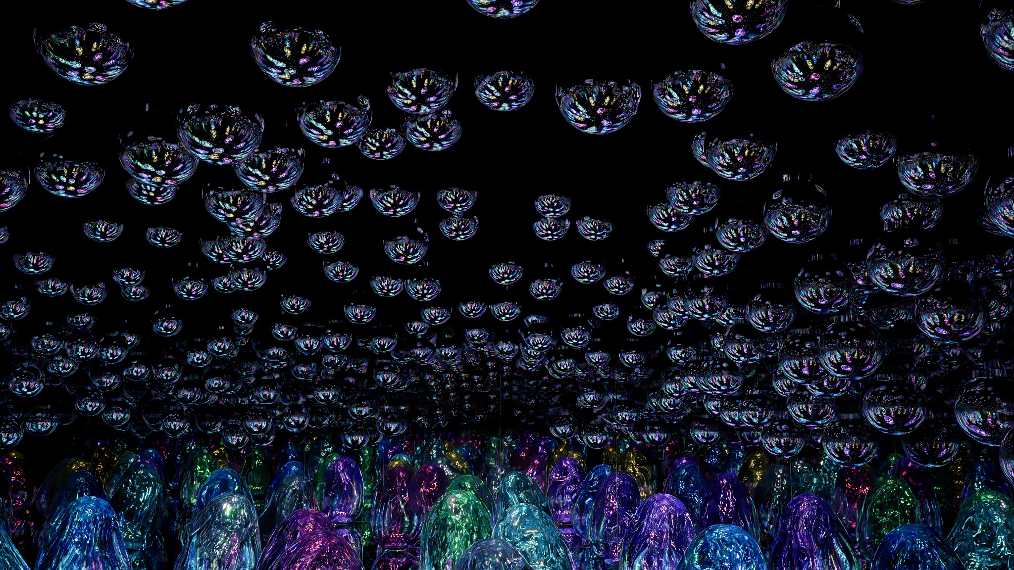 Camera 2 perspective CG study of luminous ovoid forms and reflections
