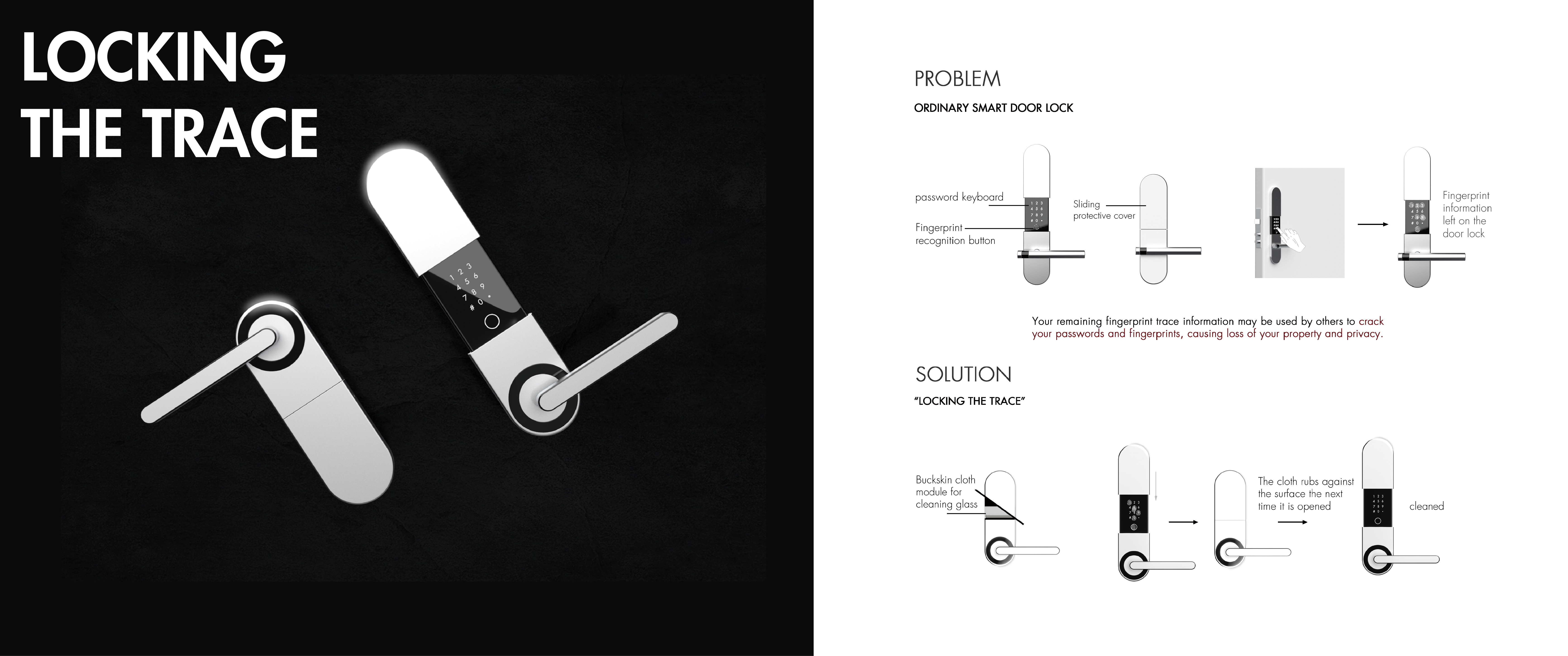 Smart-lock concept with diagrams of fingerprint marks and the cleaning strip inside the sliding cover.