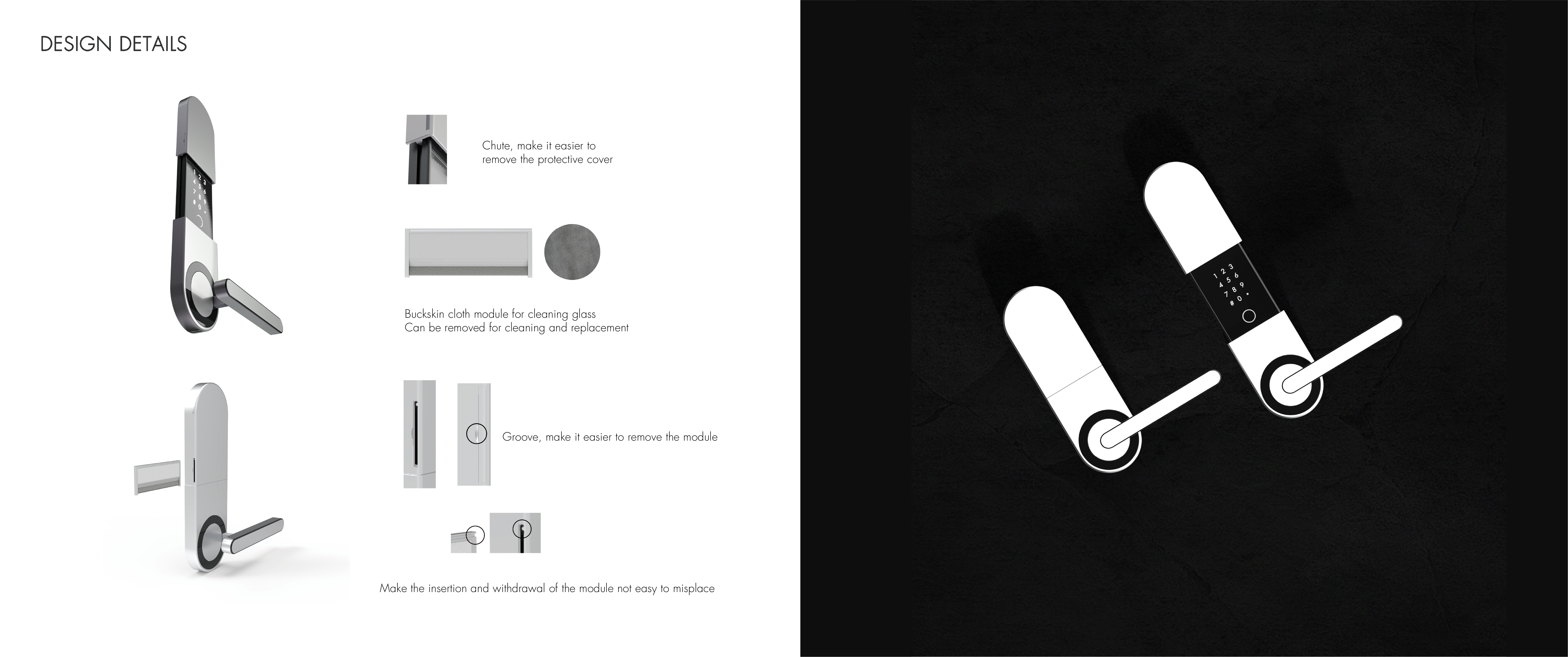 Exploded lock components and details of the removable cloth insert.