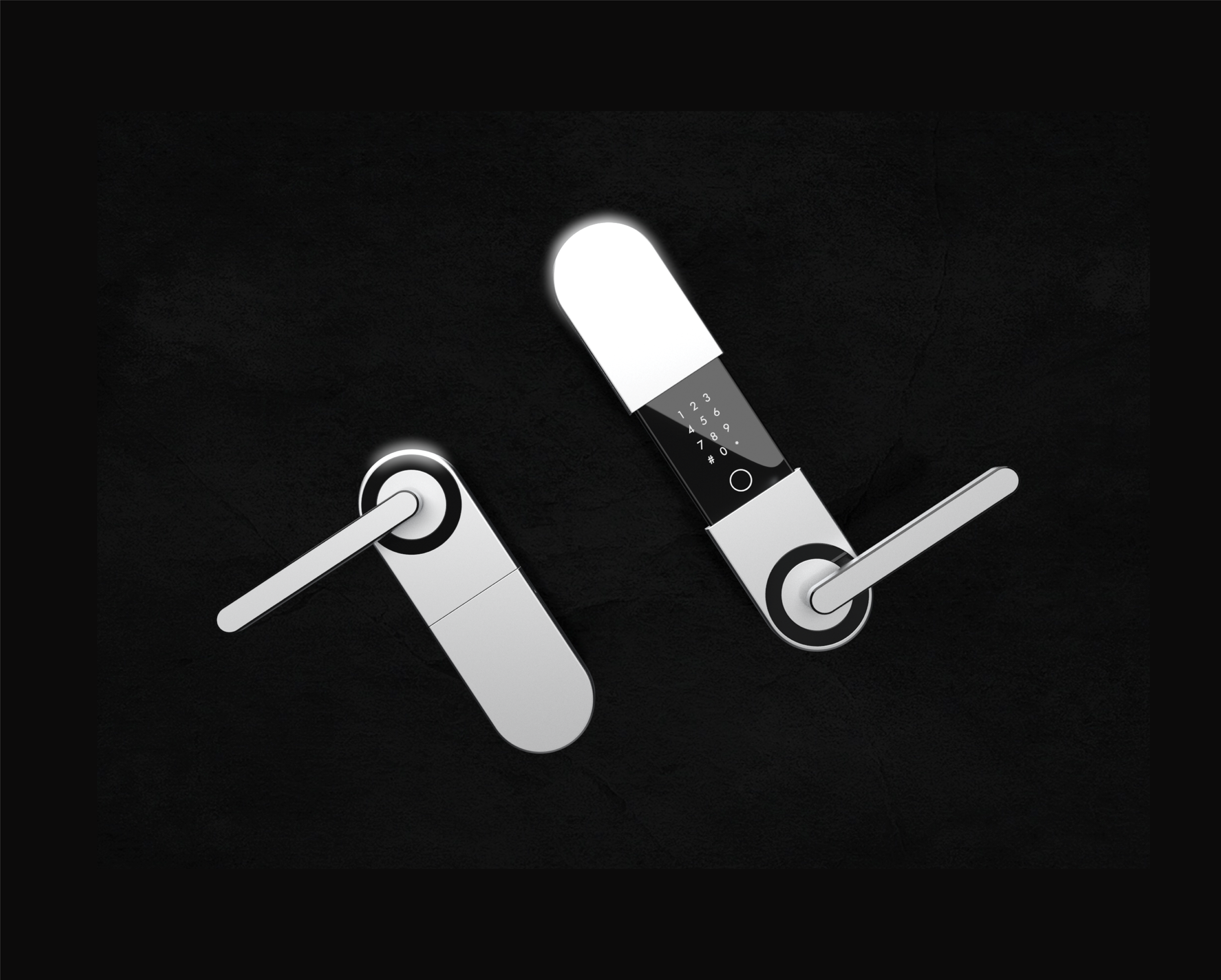 Two silver smart-door-lock renderings, with a sliding cover closed on one and open to reveal the keypad on the other.
